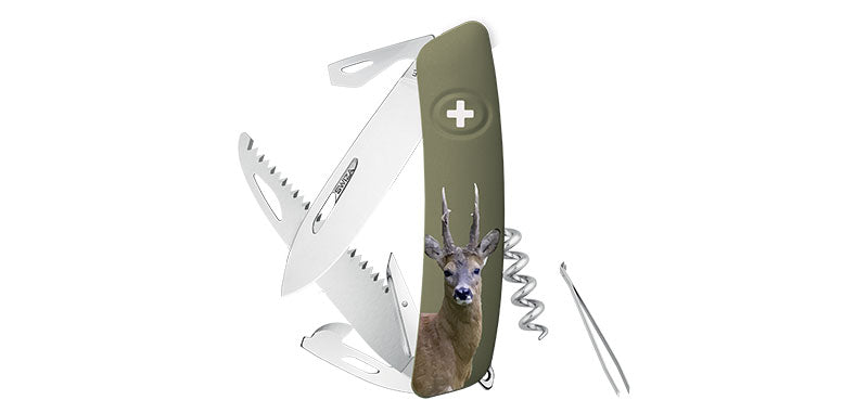Couteau suisse Swiza D05 gravure Chevreuil 8 outils avec scie à bois et anneau