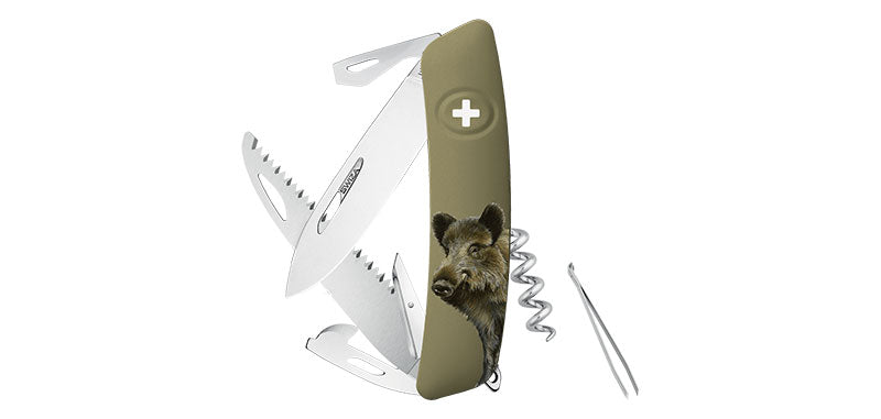 Couteau suisse Swiza D05 gravure Sanglier 8 outils avec scie à bois et anneau