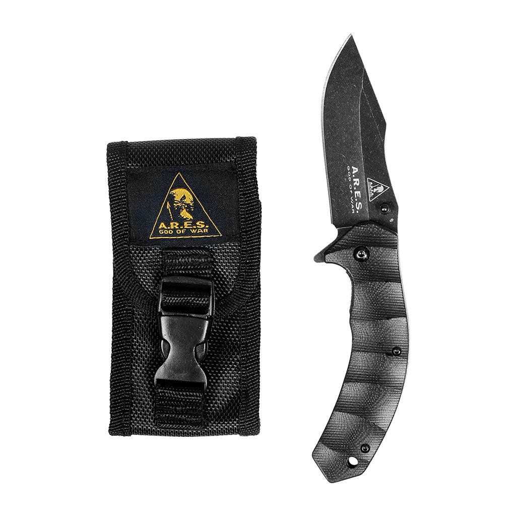 Couteau pliant Ares Black Stone manche G10 longueur dépliée 19 cm avec étui en nylon