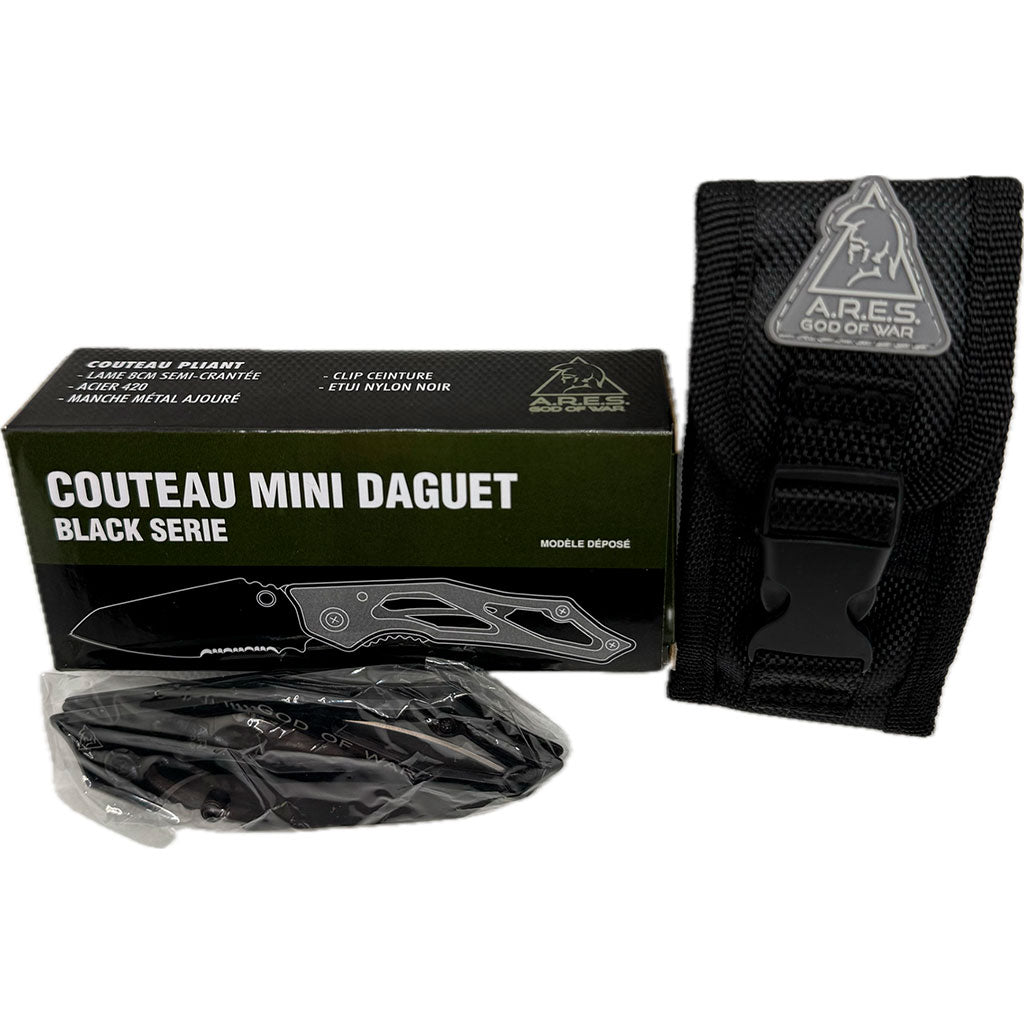 Couteau pliant Ares Mini Dague Black Series manche métal ajouré avec étui de ceinture