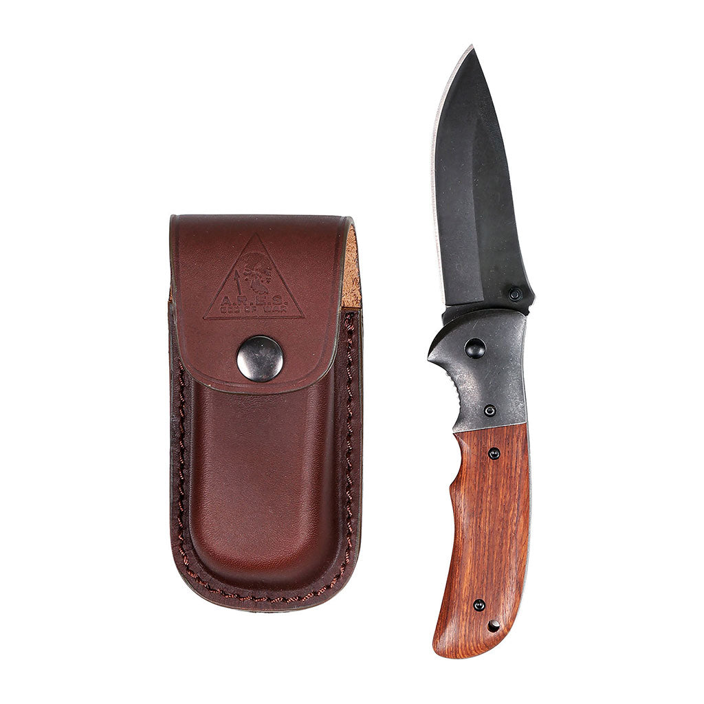 Couteau pliant Ares Raw Hunt manche bois exotique lame de 8,5 cm avec étui en cuir
