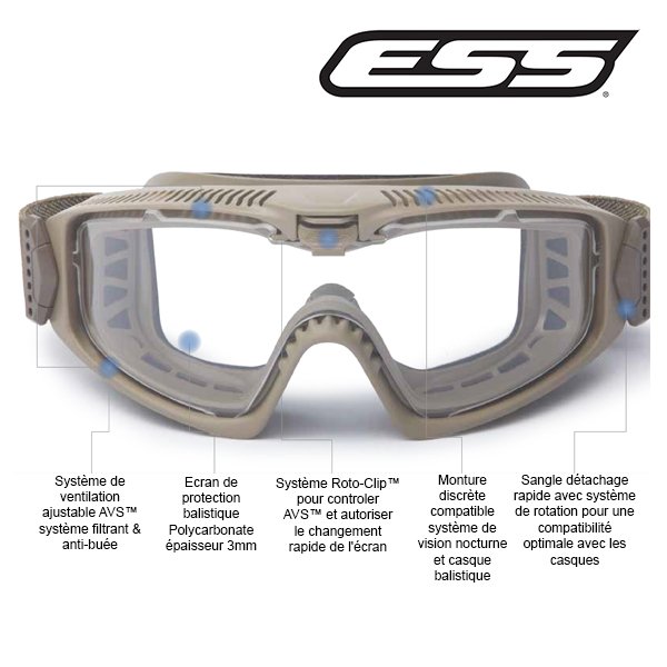 Kit masque balistique ESS Influx ventilation AVS réglable et 2 écrans de 3 mm