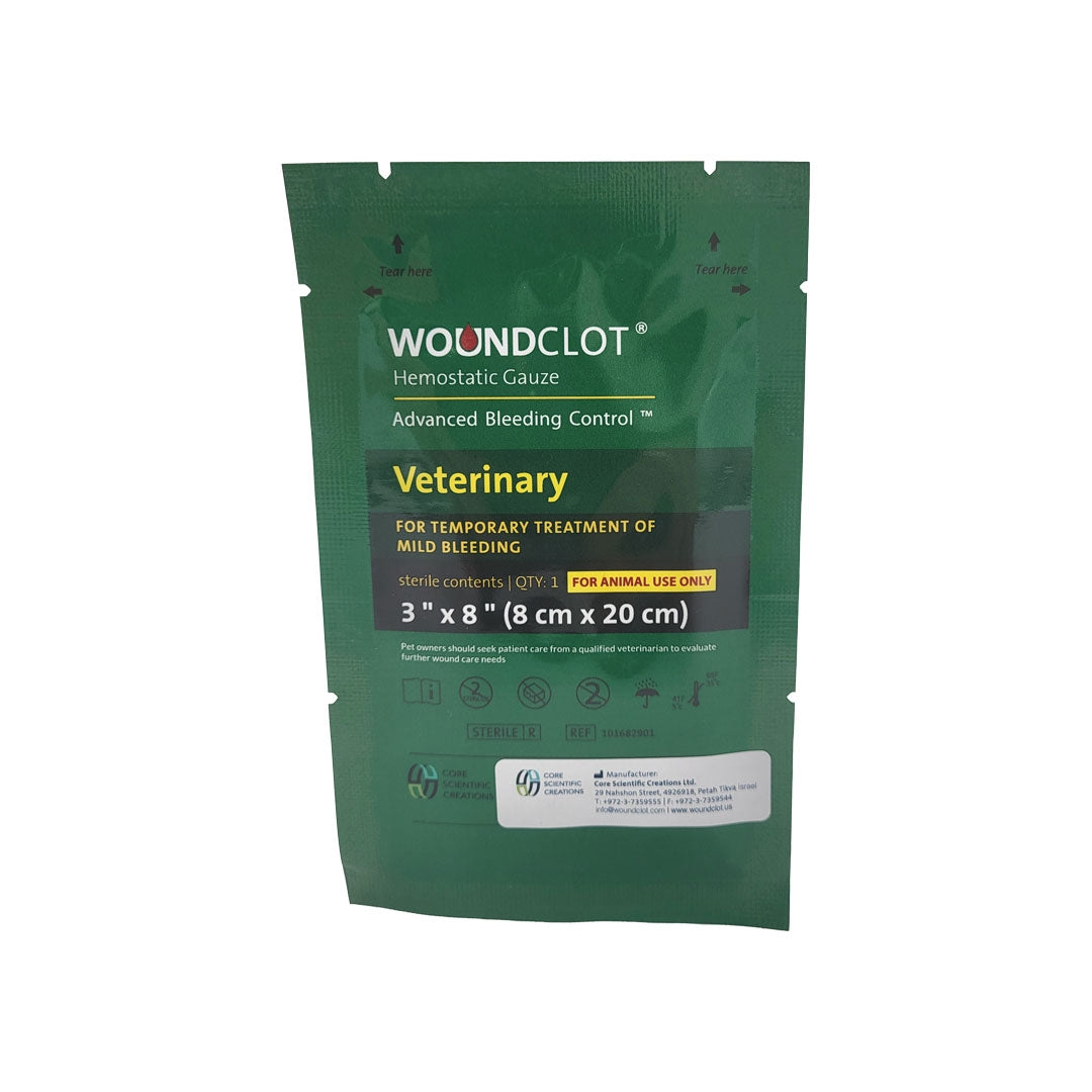 Pansement hémostatique vétérinaire WoundClot 8 x 20 cm pour plaies traumatiques animales